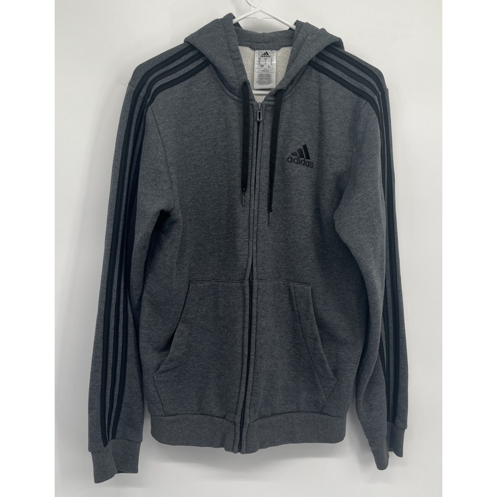 Adidas Track Jacket Mens Small Gray Fleece Full Zip Stripes Hoodie Pockets